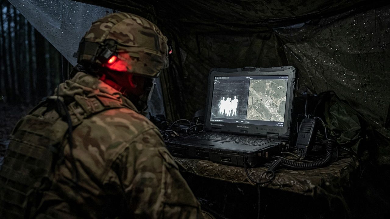 A soldier at a laptop in a field shelter watching thermal imagery