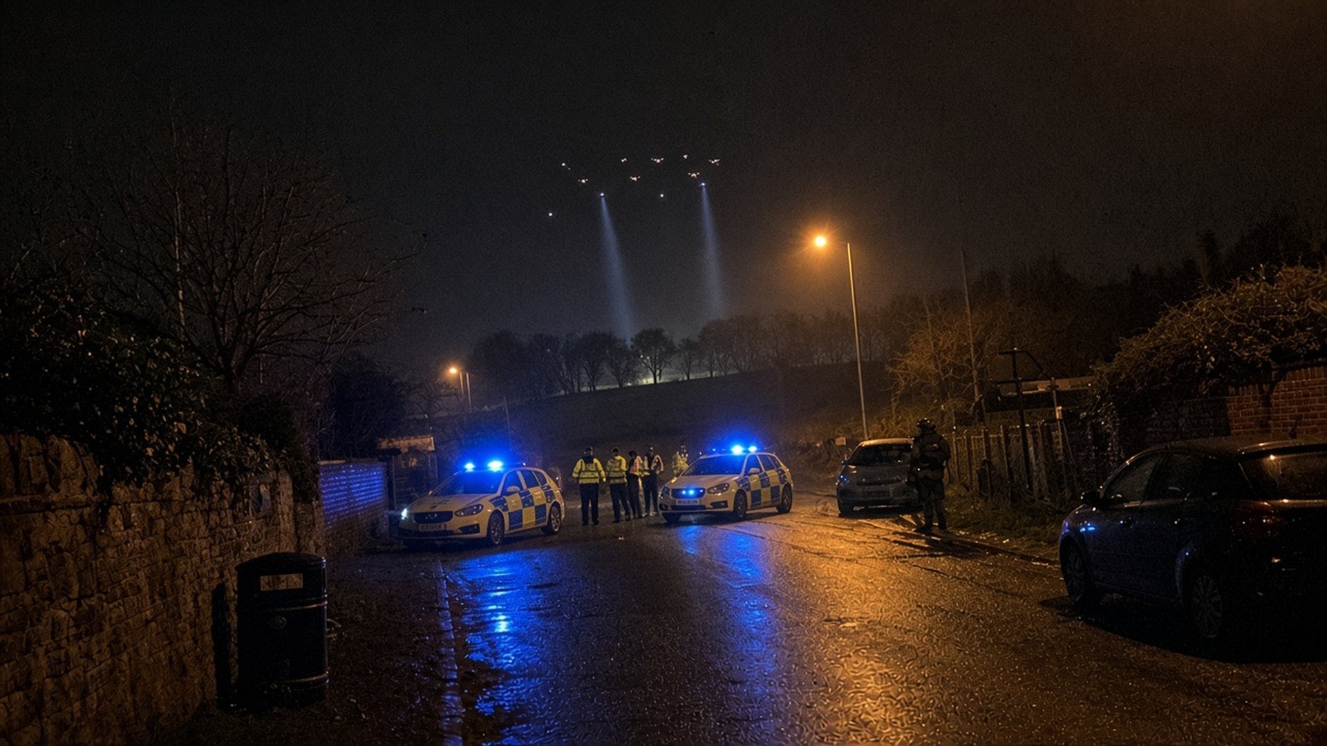 Police cars with blue lights on a wet town road at night while a cluster of distant drones shines searchlights down beyond the trees.