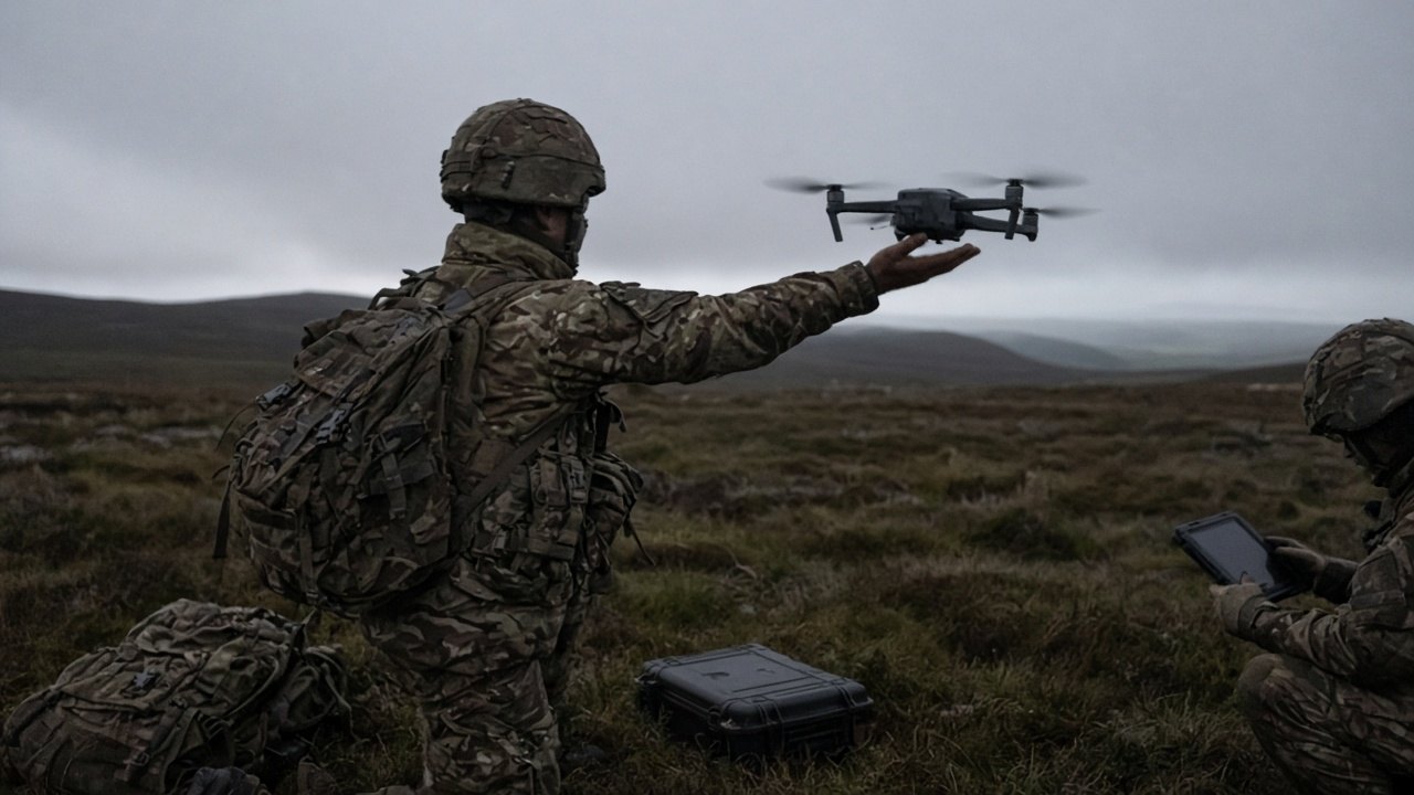 A soldier on grey moorland releasing a small quadcopter by hand while a second soldier checks a tablet