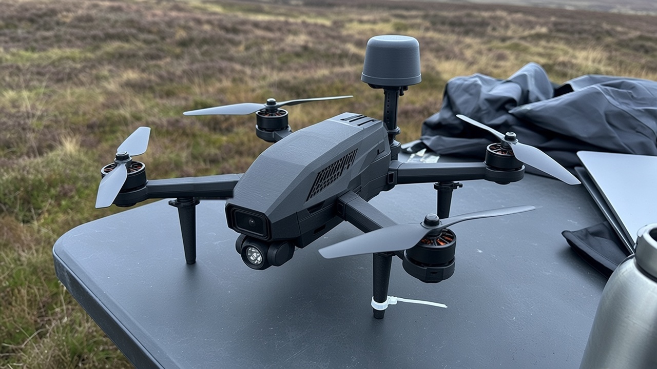 The Corvalir prototype quadcopter, in its dark grey shell, on a fold-out table on open moorland.